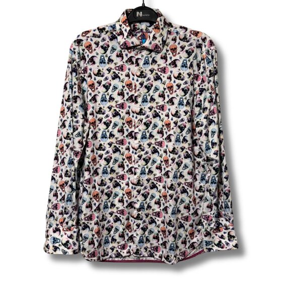 Luciano Visconti Black Skull Print Button-Up Shirt | Size Small | 100% Cotton - Picture 1 of 8
